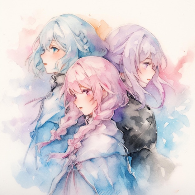 dipinto in stile anime di tre ragazze con i capelli lunghi e gli occhi blu