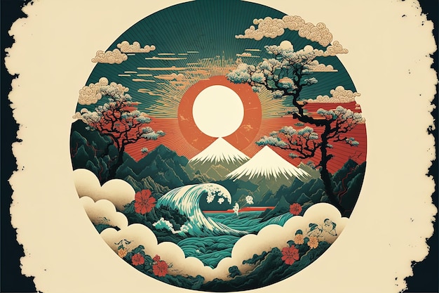 Dipinto in stile giapponese tradizionale Monte Fuji sakura alberi tramonto rosso con nuvole Illustrazione generata dall'intelligenza artificiale