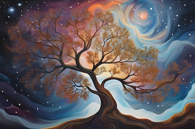 dipinto luminoso di un albero con stelle nel cielo nello stile di creature fantastiche da sogno