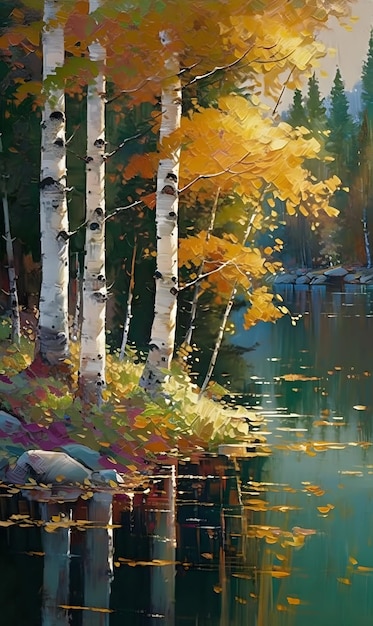 Dipinto raffigurante un lago circondato da betulle con foglie gialle in autunno AI generation