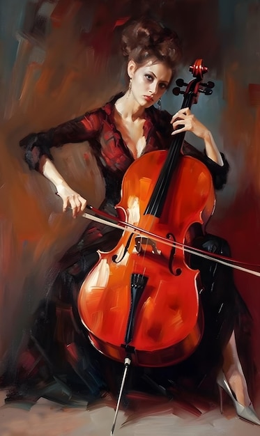 Dipinto raffigurante una donna che suona il violoncello con un vestito rosso AI generation