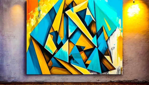 Dipinto sul muro di un edificio con forme gialle e blu su di esso IA generativa