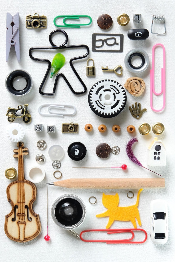 Photo directly above shot of various buttons and decorations