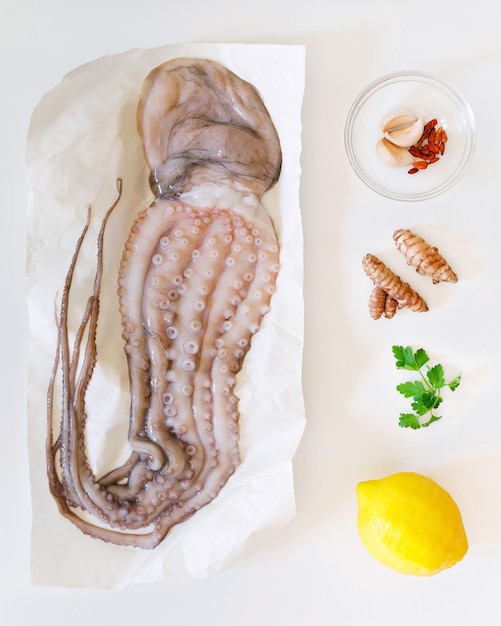 Direttamente sopra il colpo di polpo e gli ingredienti sul tavolo