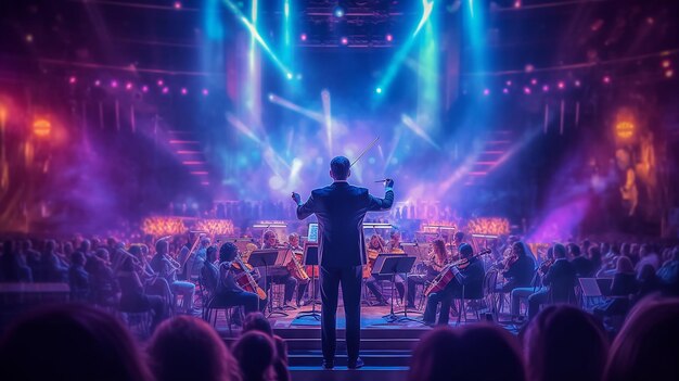 Direttore d'orchestra nella sala dell'opera con luci al neon e musica