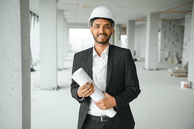 Direttore di cantiere indiano in piedi che indossa il casco pensando al cantiere Ritratto di operaio o architetto di razza mista