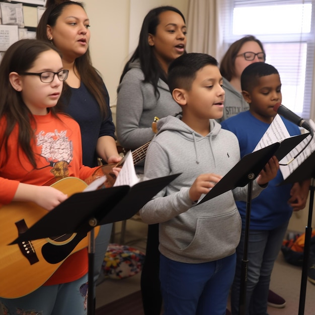 direttore musicale che guida le prove del coro in una sala vibrante