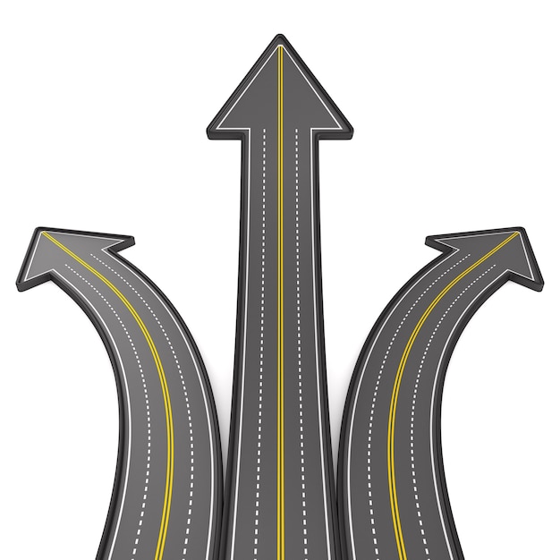 Direzione della strada su sfondo bianco. Illustrazione 3D isolata