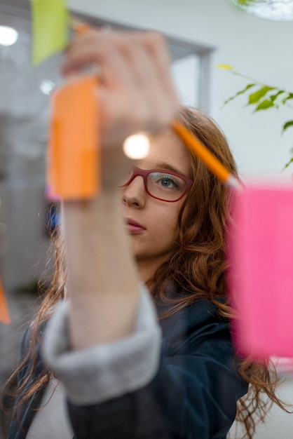 Dirigente di professionisti femminili creativi in piedi in ufficio dietro la parete di vetro con note adesive.