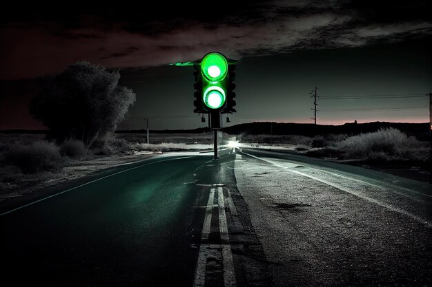 Dirigere il semaforo verde sulla strada desolata di notte