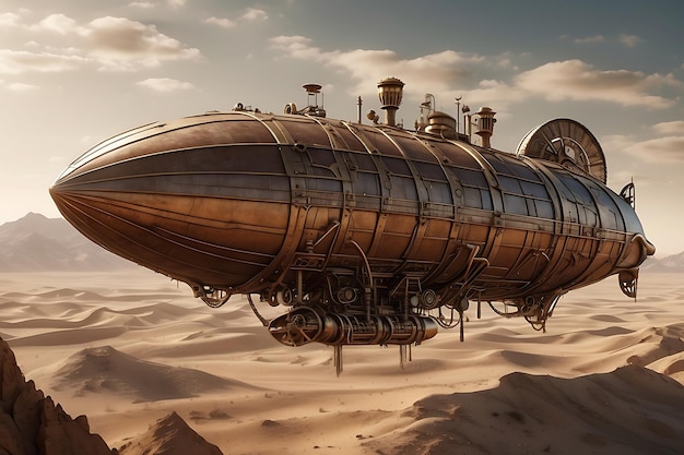 dirigibile steampunk ultrarealistico che svetta su un vasto deserto desolato