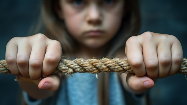 Diritto di famiglia e custodia battaglie tirando la corda da entrambe le parti mani sfondo bambino triste