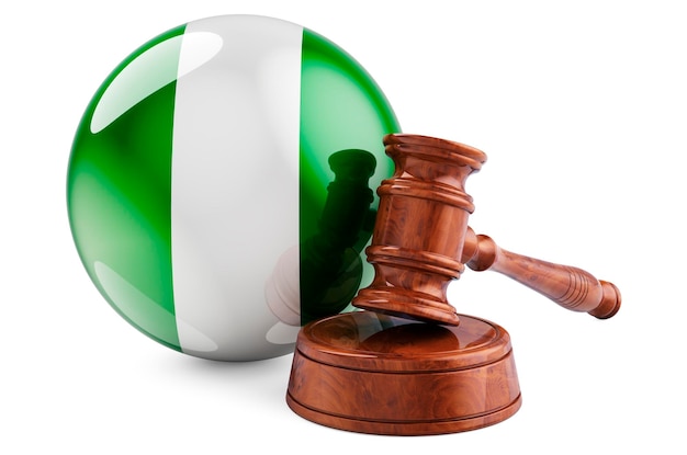 Diritto nigeriano e concetto di giustizia Martello in legno con bandiera della Nigeria 3D rendering