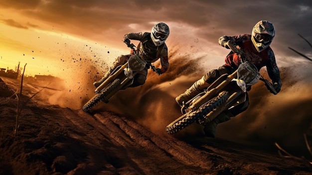 Dirt bike riders che corrono su una pista sterrata al tramonto ai generativo