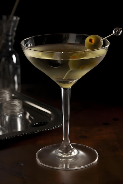 Dirty martini cocktail con olive in vetro su sfondo scuro Aperitivo su sfondo nero AI generato