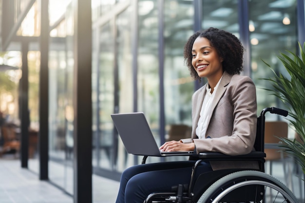 Disabilità disabilità una donna dipendente professionale in sedia a rotelle che lavora sul suo portatile fuori mobilità