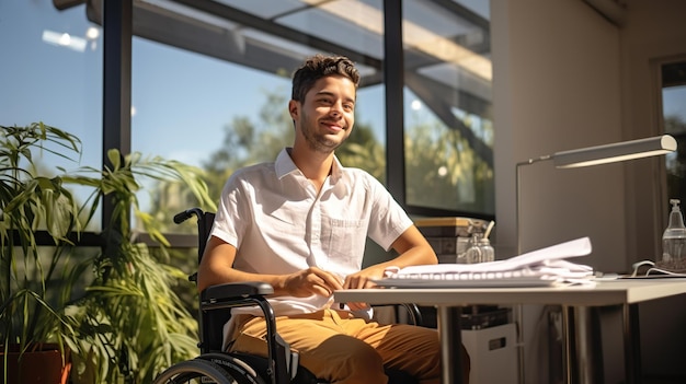 Disabilità persona giovane uomo ispanico in ufficio IA generativa