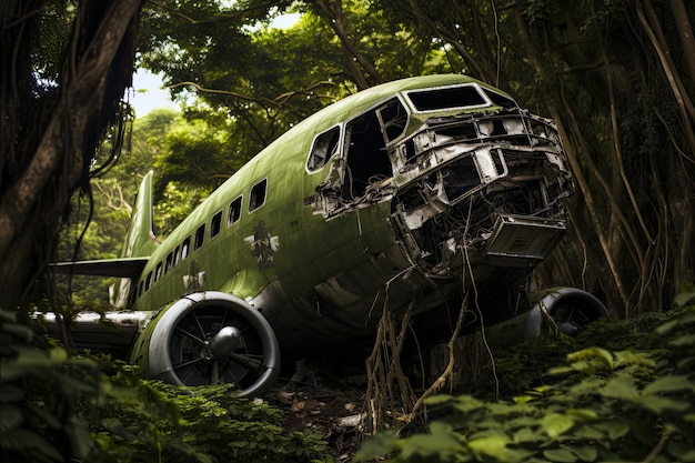 Disastro aereo nella giungla Vecchio aereo arrugginito ricoperto di fogliame nella foresta della giungla Volo mancante