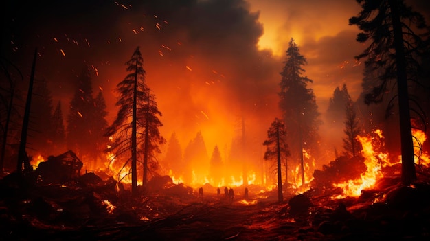 Disastro degli incendi boschivi alberi che bruciano di notte