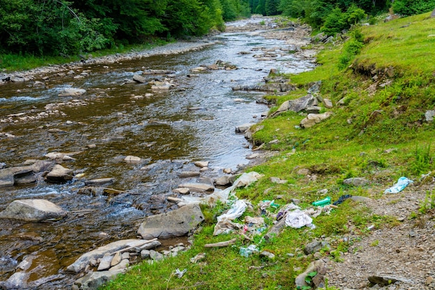 Disastro di plastica nel fiume di montagna di natura selvaggia. Un sacco di spazzatura, problemi di ecologia