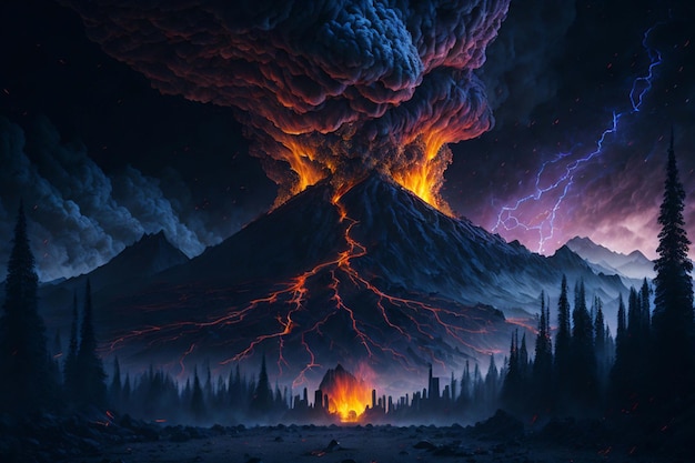 Disastro naturale con esplosione vulcanica lava e temporale AI generativa