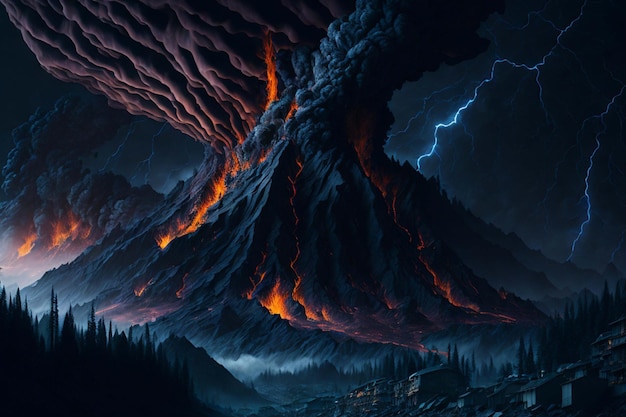 Disastro naturale con esplosione vulcanica lava e temporale AI generativa