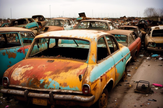 Discarica di auto abbandonate Terra desolata di ruote Esplorazione del paesaggio di discarica di auto IA generativa