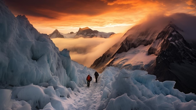 Discesa ghiacciata Un servizio fotografico surreale di arrampicata su un sentiero del ghiacciaio al tramonto