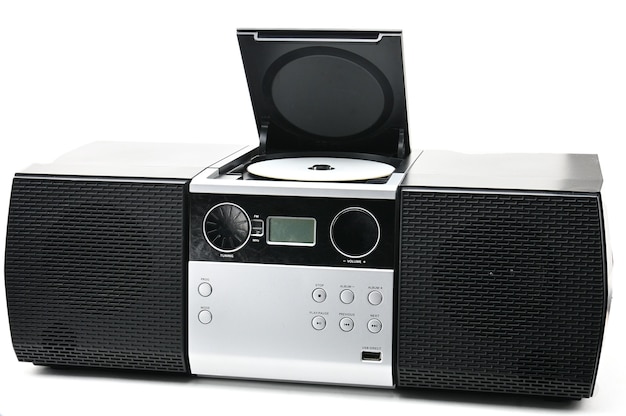 Disco compatto e dispositivo radio per ascoltare musica e suoni. Boombox CD