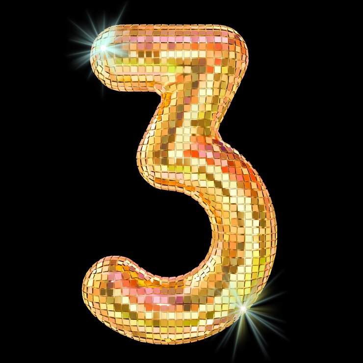 Photo disco font number 3 from golden glitter mirror facets 3d rendering