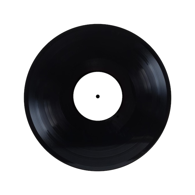 Disco in vinile nero oldschool a lunga riproduzione con etichetta bianca vuota isolata su bianco vista frontale primo piano