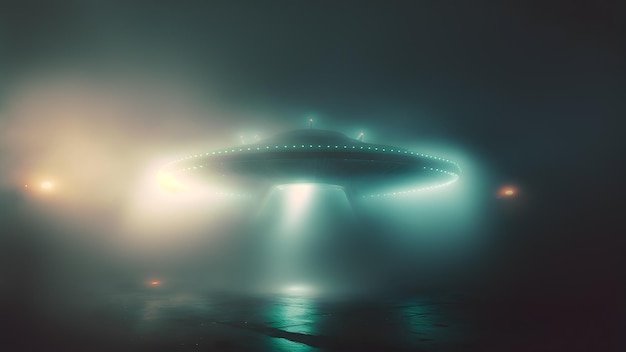 Disco ufo volante nella notte nebbiosa sopra l'arte generata dalla rete neurale della strada asfaltata