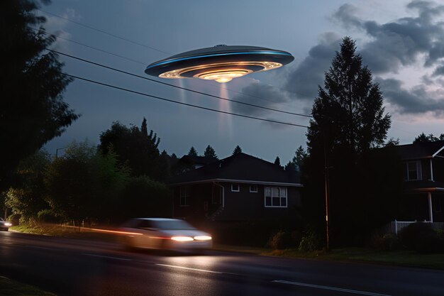 Disco volante nel cielo notturno sopra il villaggio