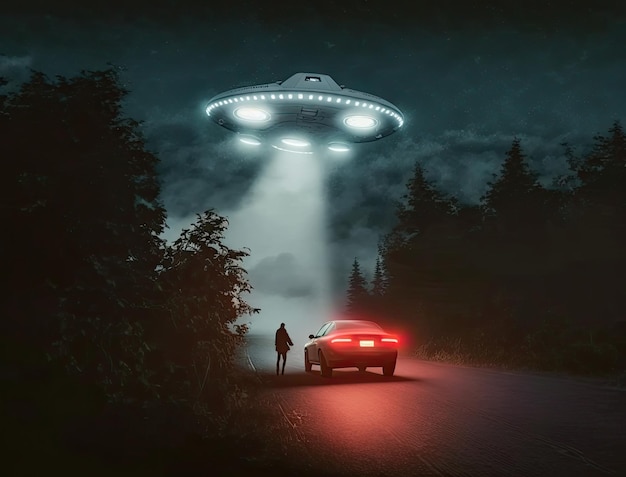 Disco volante UFO con raggio di luce sopra l'auto sulla strada di notte la silhouette dell'uomo guarda all'UFO