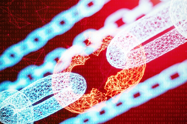 Disconnected, broken chain, digital block chain technology. Cryptocurrency, concept of digital code. Block chain concept. Low polygonal grid of triangles glowing in blue dot network, 3D illustration