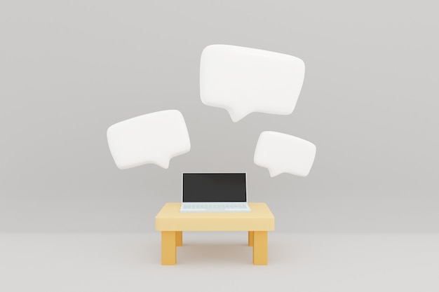 Discorso di conversazione della casella di testo bianca pop-up sul computer portatile nell'illustrazione 3d della stanza bianca