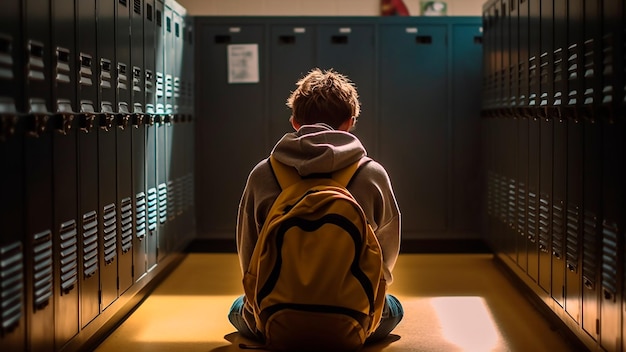Discriminazione studentesca seduta accanto all'armadietto contro il corridoio della scuola IA generativa