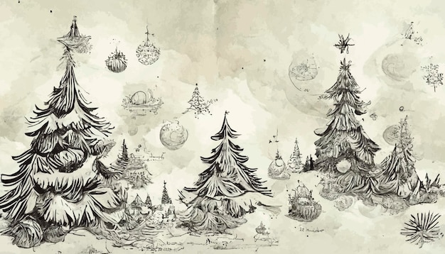 Disegna il bianco e nero del paesaggio di natale con l'illustrazione di natale degli alberi e della neve