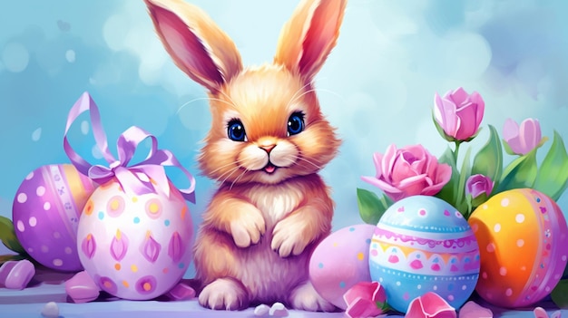 disegna un coniglio carino con le uova di Pasqua