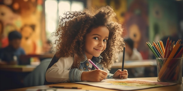 Disegnando con le matite colorate una ragazzina a scuola esprime la sua creatività Ai Generativi