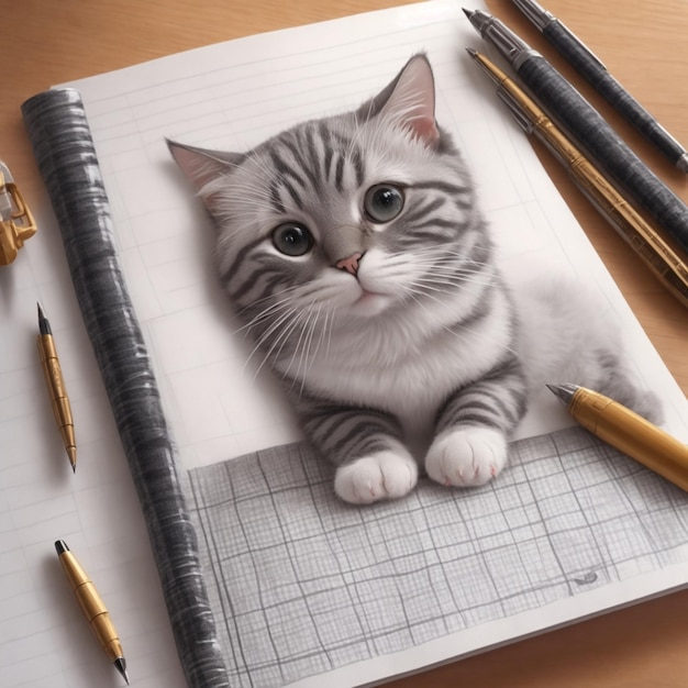 disegnando con una penna a sfera un simpatico gatto su un foglio di carta