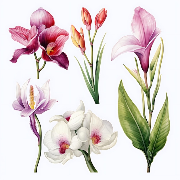 Disegnare acquerello orchidee bromelia anthurium uccello del paradiso su Wh Flat Creative Art Decorator a mano