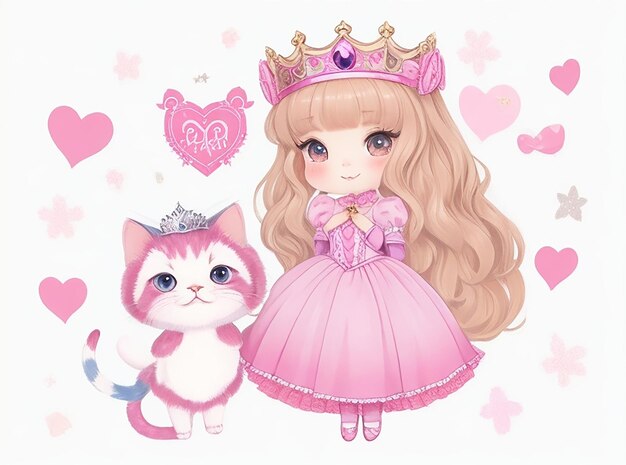 Disegnata a mano carina piccola principessa e personaggio gattino