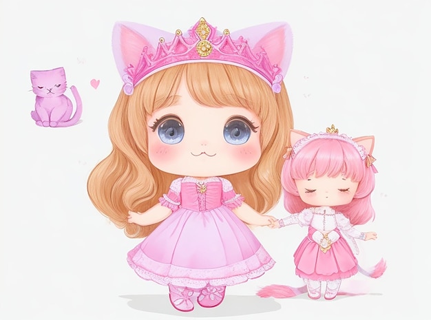Disegnata a mano carina piccola principessa e personaggio gattino