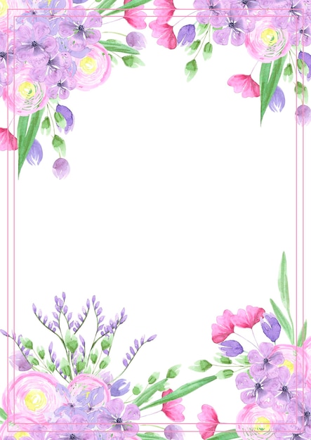 Disegnato a mano acquerello rosa e lavanda fiori astratti carta isolato su sfondo bianco Scrapbook post card banner lable poster