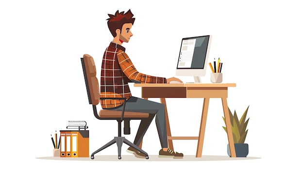 Disegnato a mano da un uomo carino e stilizzato che lavora in ufficio clip art isolato su uno sfondo bianco clip a