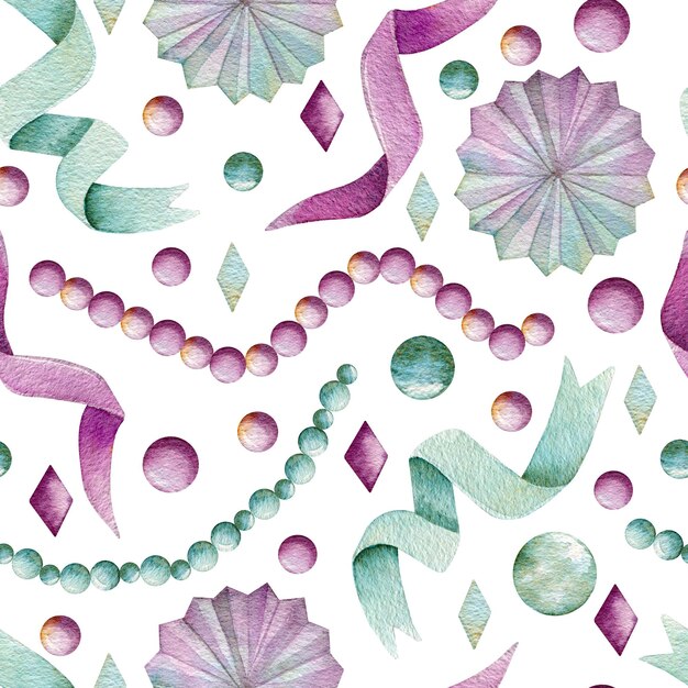 Disegni ad acquerello senza cuciture nastri perline ventilatori di carta confetti carnevali feste di Mardi Gras
