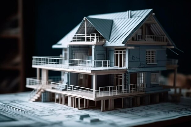 disegni cianografia e un modello di casa per un progetto di costruzione Contesto nel settore immobiliare