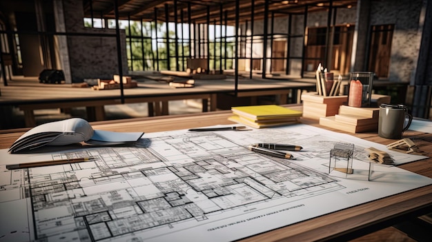 Disegni costruttivi e strumenti sul desktop dell'architetto