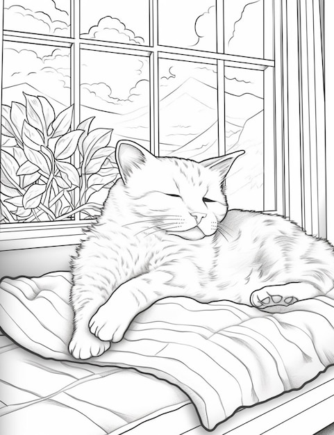 Disegni da colorare di un gatto sdraiato su un letto davanti a una finestra ai generativa